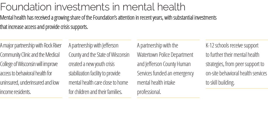 Foundation investments in mental health Mental health has received a growing share of the Foundation’s attention in r...