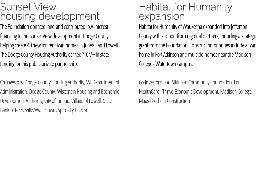 Sunset View housing development The Foundation donated land and contributed low interest financing to the Sunset View...
